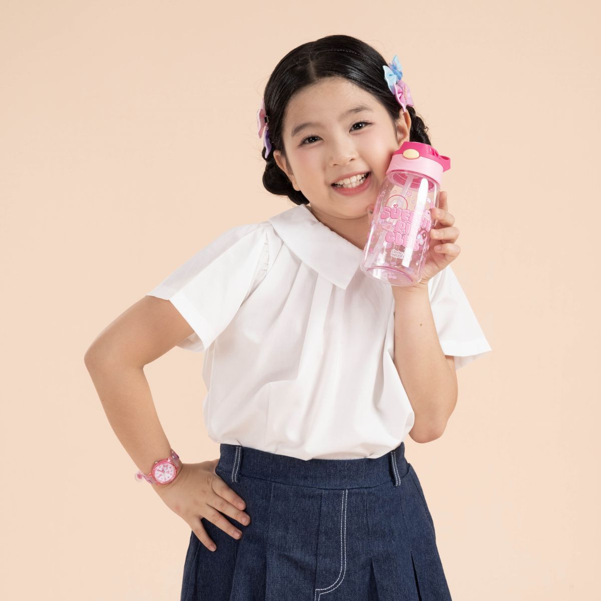 Plastic Water Bottle With Foldable Straw Sweetie Pie Club CLEVERHIPPO WB04/LIGHTPINK