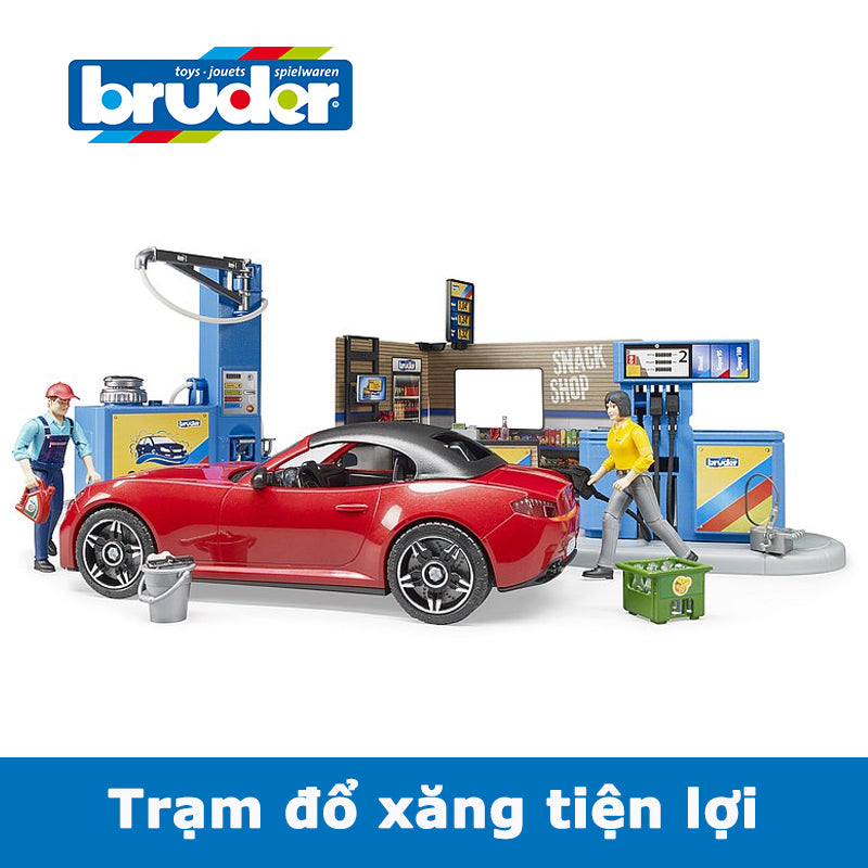 Đồ chơi mô hình tỷ lệ 1:16 Trạm đổ xăng với xe và phụ kiện BRUDER BRU62111