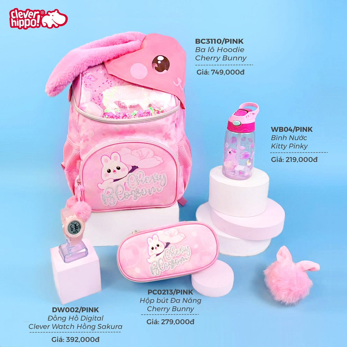 Ba Lô Đi Học, Đi Chơi Có Nón Hoodie Cherry Bunny CLEVERHIPPO BC3110