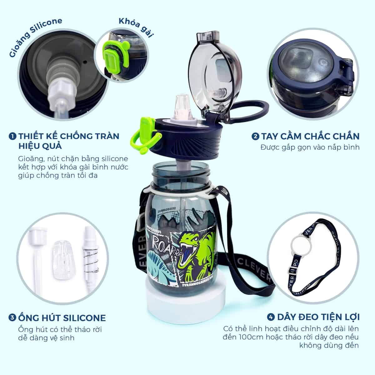 Bình Nước Có Dây Đeo Dino Warriors CLEVERHIPPO WB03