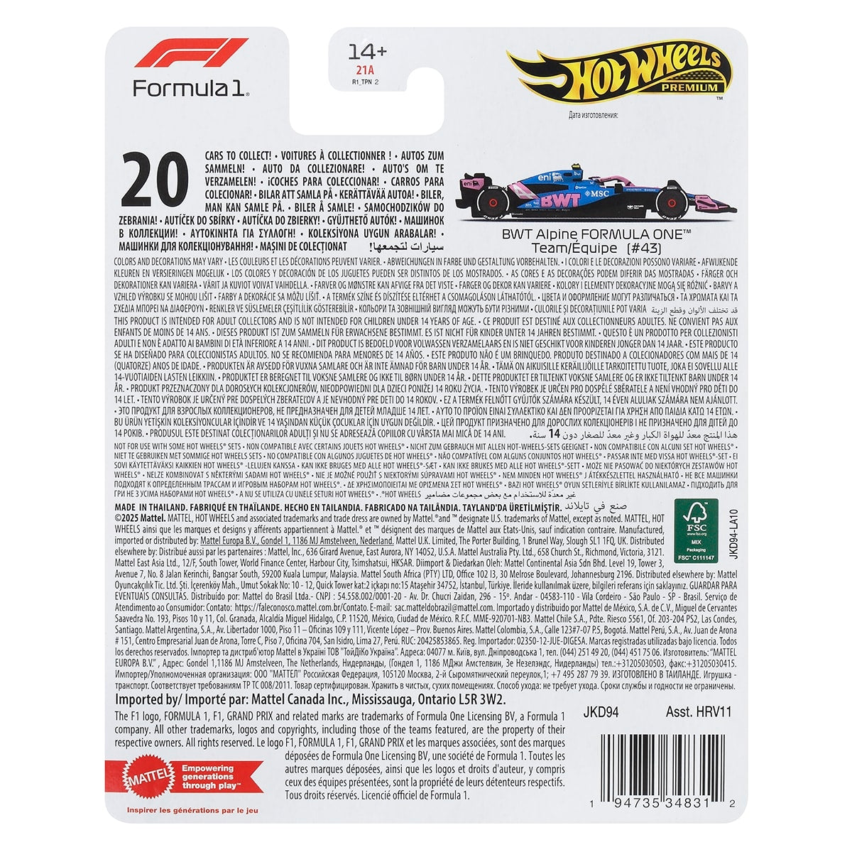 Đồ Chơi Siêu Xe Đua F1 Team Alpine - Tay Đua 43 HOT WHEELS JKD94/HRV11