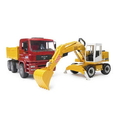 1:16 scale model toy of MAN TGA dump truck and Liebherr BRUDER BRU02751 excavator